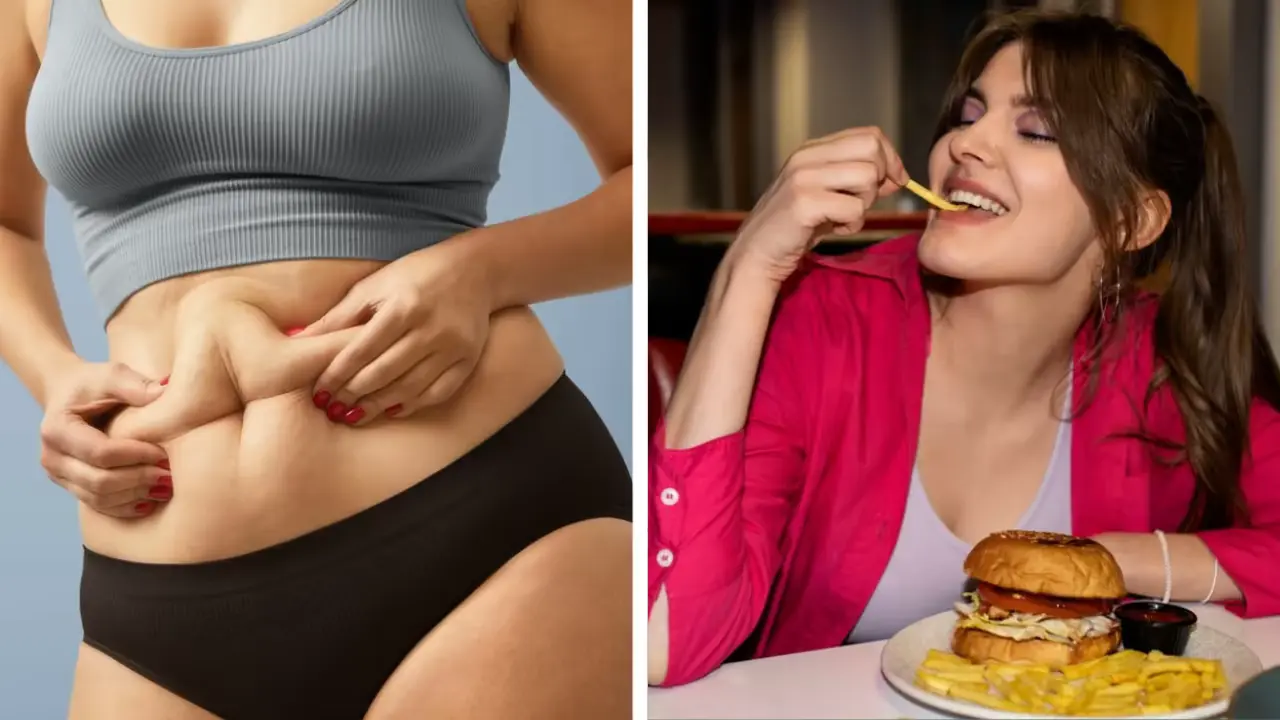 Two images are in the same frame on one side a girl is holding her stomach and showing her excess fat the background of which is light sky blue and on the other side a girl is smiling and eating French fries healthfailures